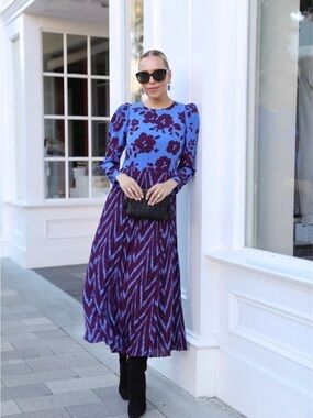 Ann Taylor - Blue & Purple Floral Long-Sleeve Midi Dress